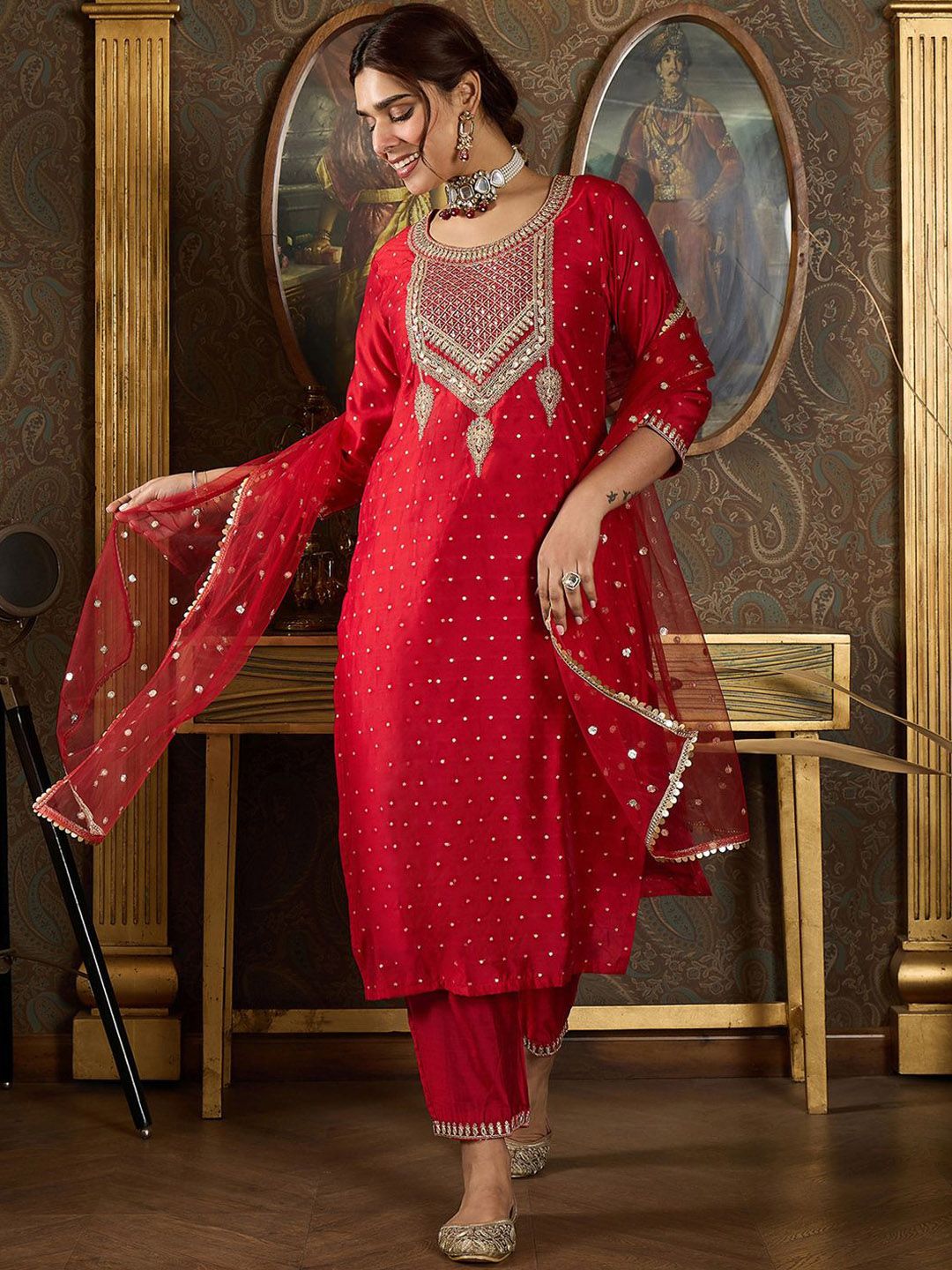 Dhiyona IE Floral Embroidered Sequinnce Work Kurta With Trousers & Dupatta