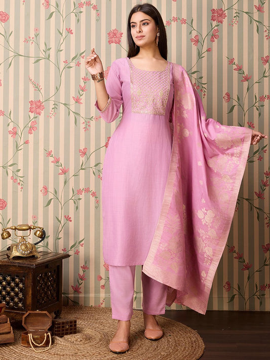 Dhiyona OD  Yoke Design Regular Thread Work Kurta with Trousers & With Dupatta