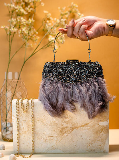 Dhiyona NR Feather Embellished Box Clutch