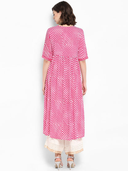 Dhiyona VA Women's Pink & White Embroidered Kurta with Palazzos