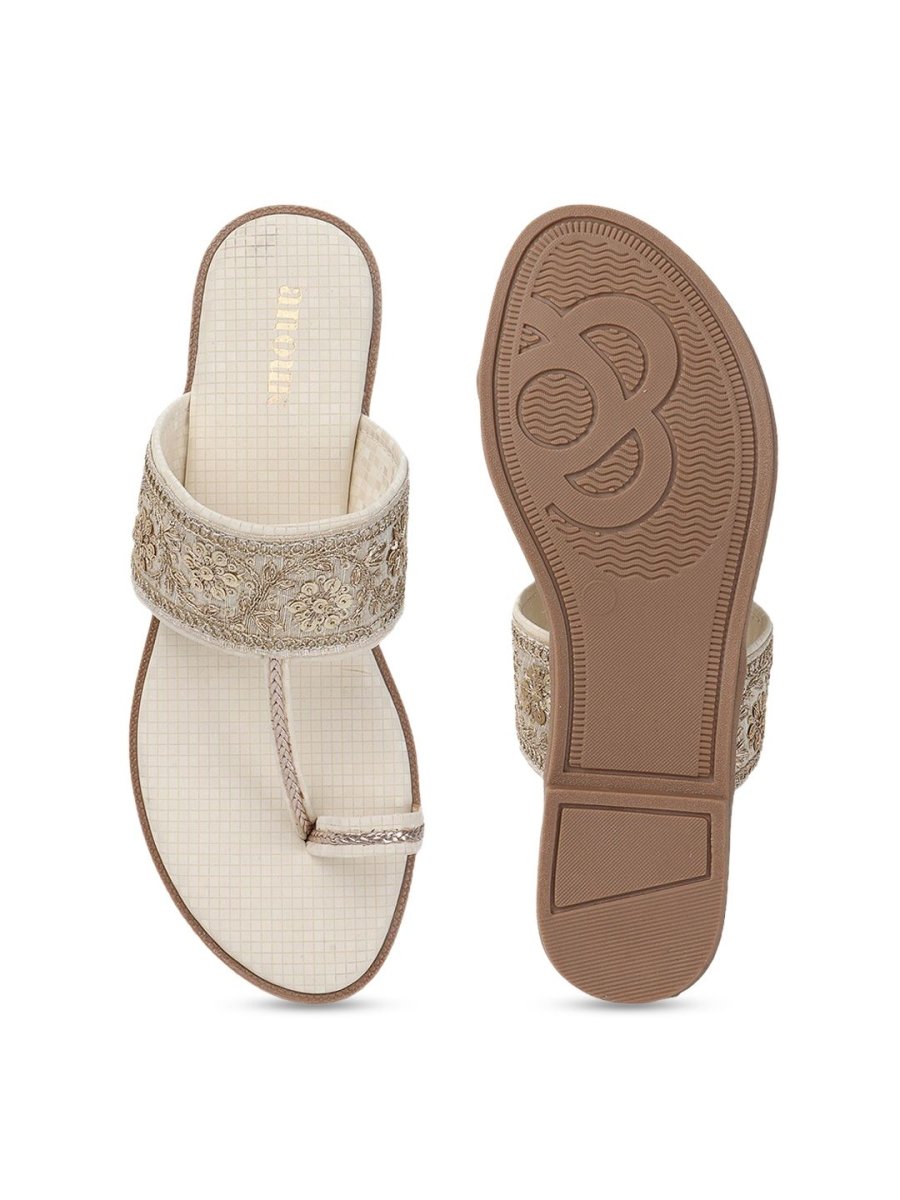 Dhiyona AK Cream-Coloured Embellished Open Toe Flats