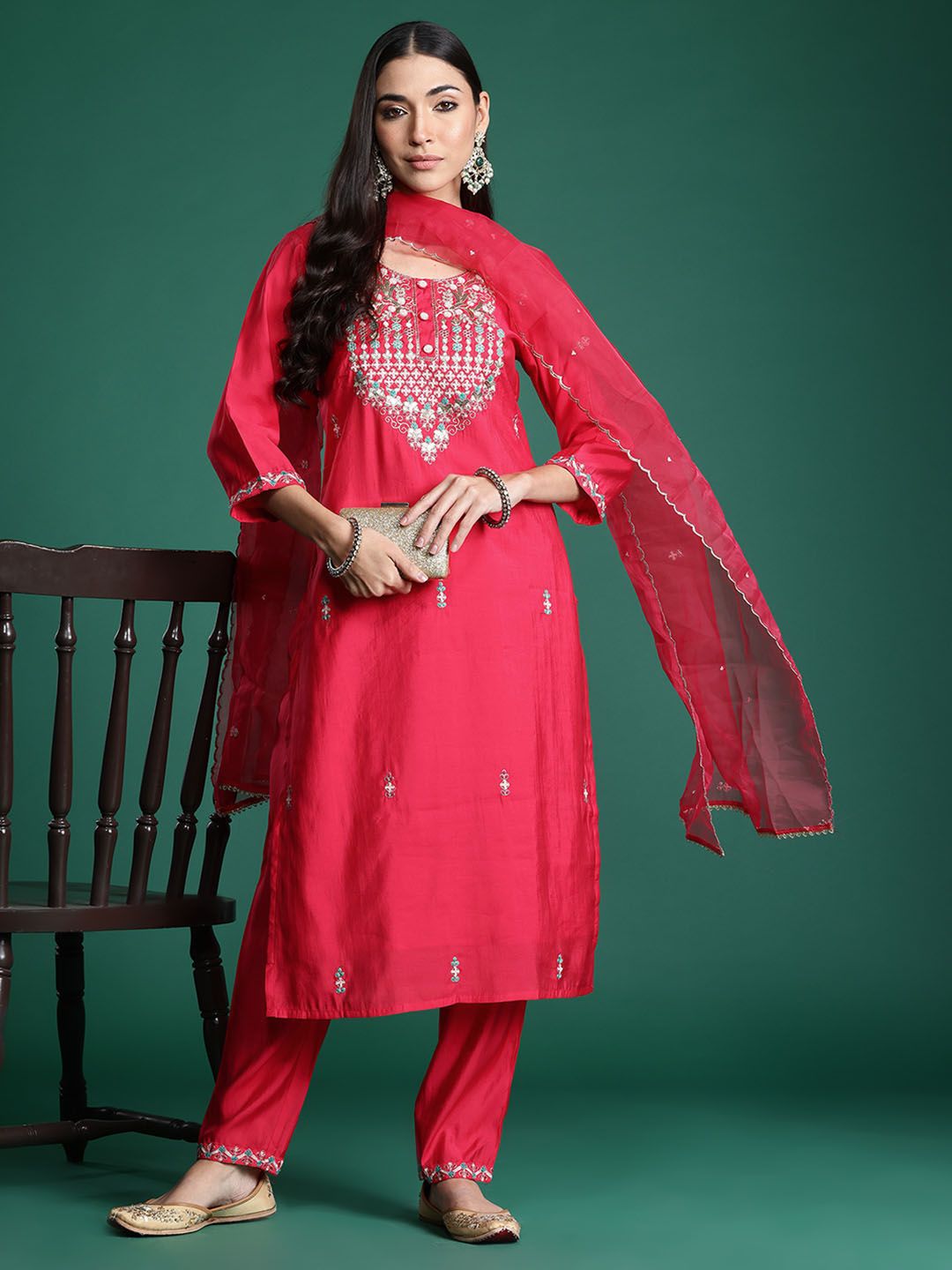 Dhiyona IE Embroidered Sequinned Kurta with Trousers & With Dupatta