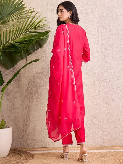 Dhiyona IE Women Floral Yoke Design Regular Liva Kurta with Trousers & With Dupatta