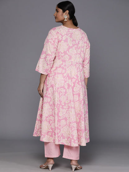 Dhiyona VA Women'sPlus Size Floral Printed Angrakha Gotta Patti Pure Cotton Kurta with Trousers