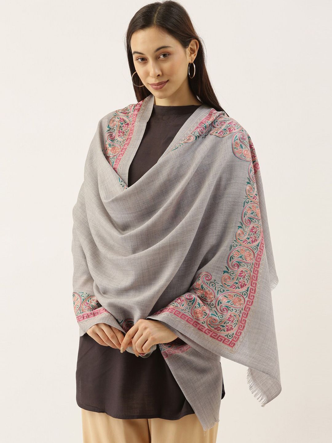 Dhiyona PA Women Grey & Pink Embroidered Pure Wool Shawl