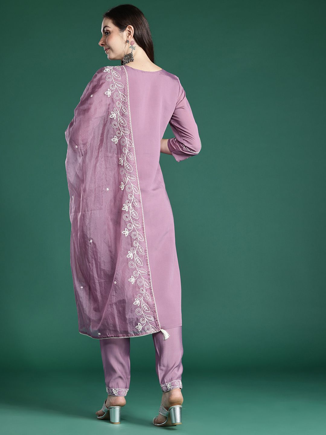 Floral Embroidered Thread Work Kurta with Trousers & With Dupatta