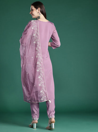 Floral Embroidered Thread Work Kurta with Trousers & With Dupatta