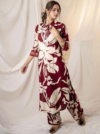Dhiyona IE Floral Printed Shirt Collar Sequinned Kurta with Trousers