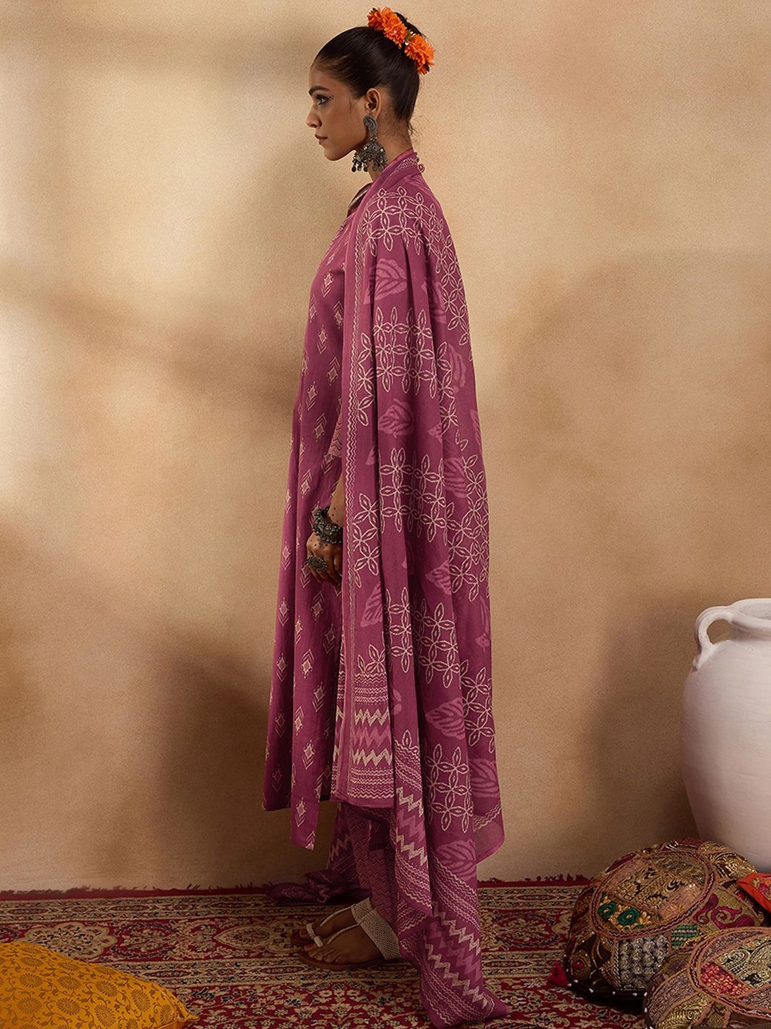 Ethnic Motifs Printed Pure Cotton Straight Kurta with Trousers & Dupatta