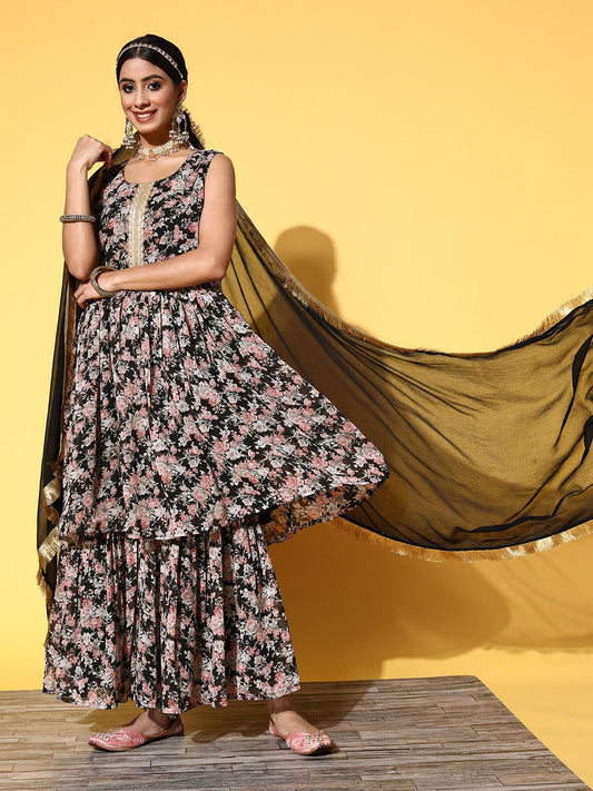 Dhiyona VA Women Black Floral Printed Pleated Kurta with Sharara & With Dupatta