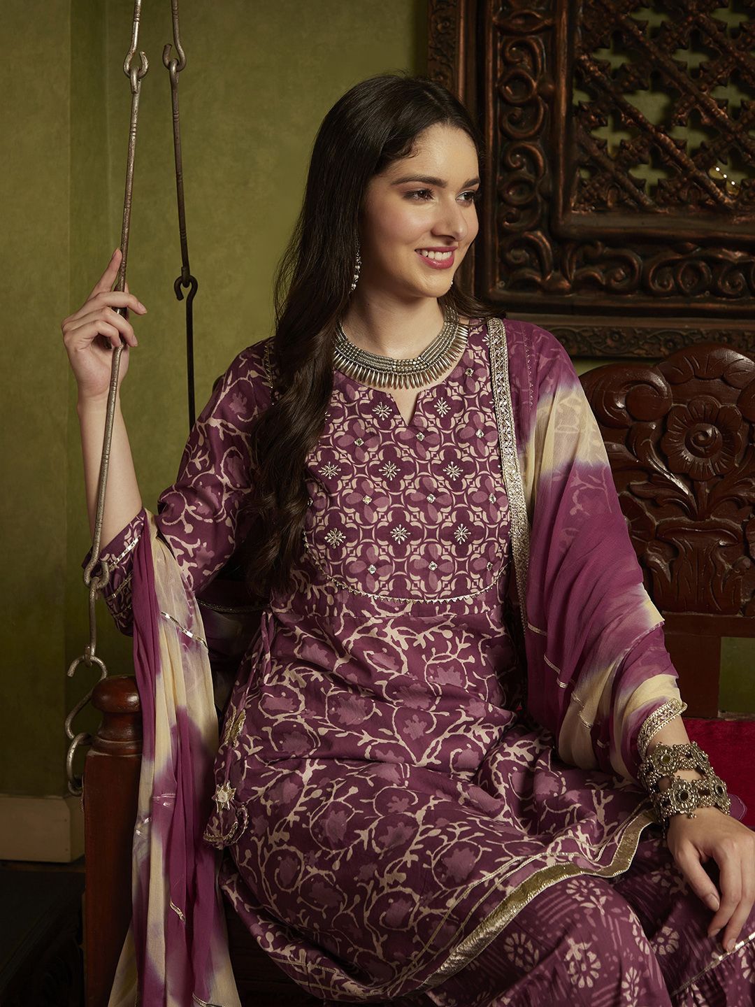 Dhiyona SN Women's Purple Ethnic Motifs Printed A-Line Kurti & Sharara With Dupatta