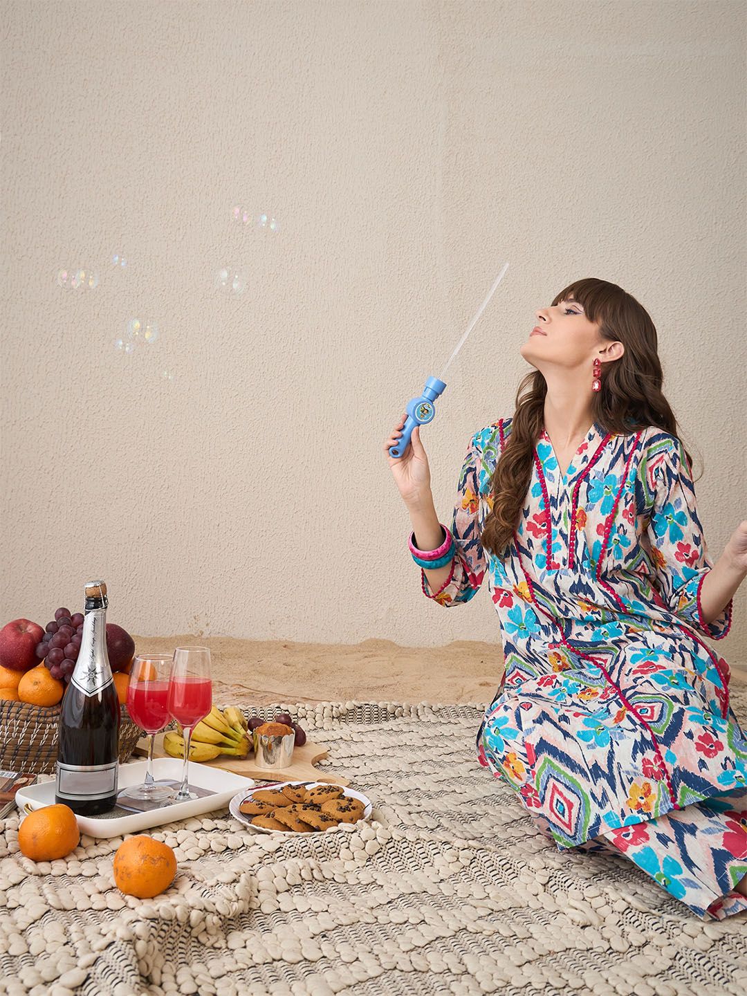 Dhiyona IE Floral Printed V-Neck Pure Cotton Tunic With Trouser