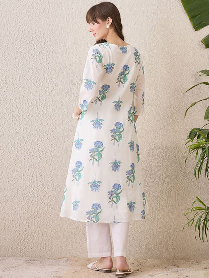 Dhiyona IE Floral Printed Round Neck Pure Cotton A-Line Kurta With Trouser