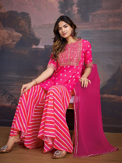 Dhiyona PD Women Bandhani Printed Round Neck Kurta & Sharara With Dupatta