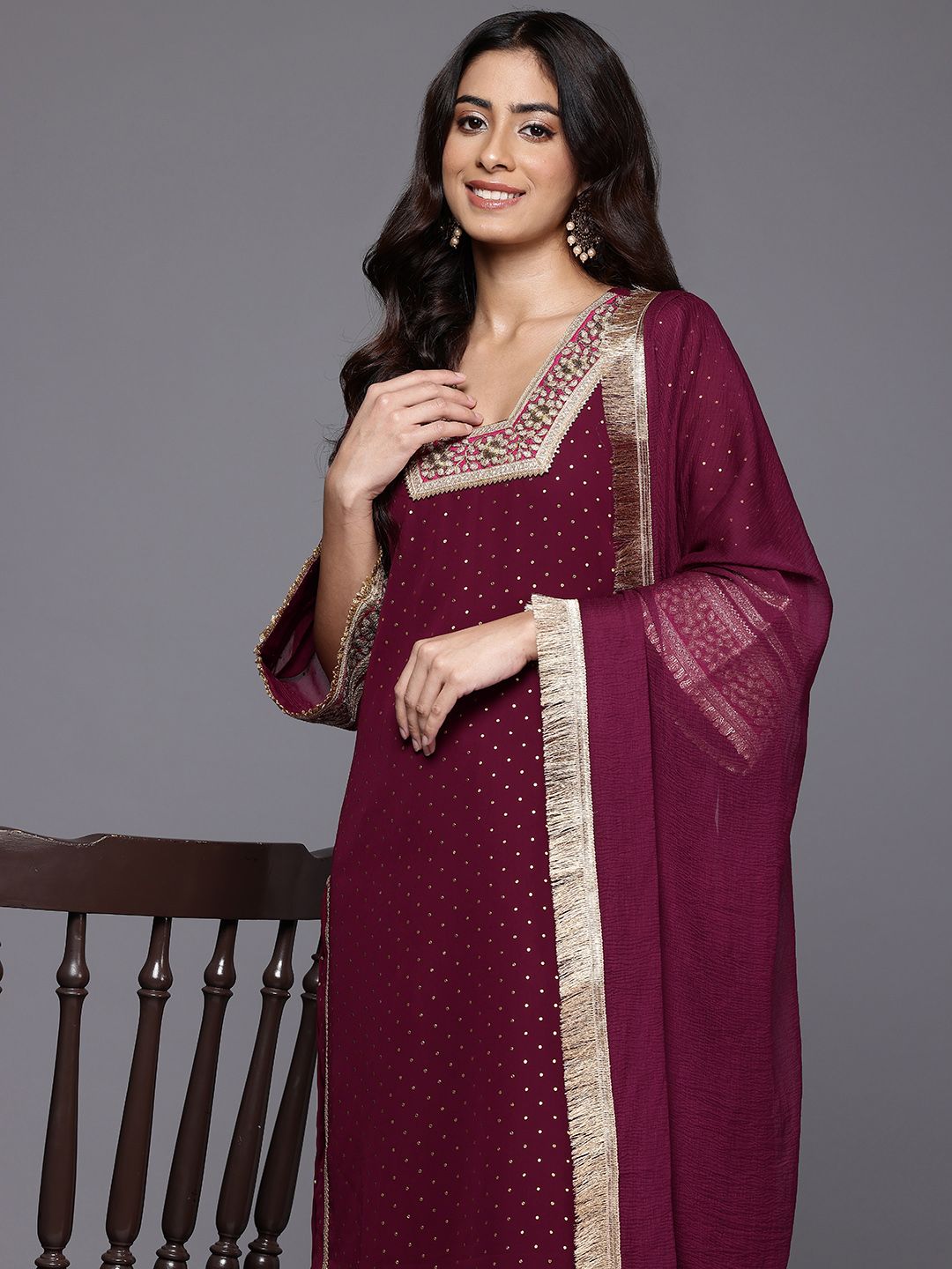 Dhiyona VA Women's Gotta Patti Embroidered Silk Georgette Kurta with Trousers & Dupatta
