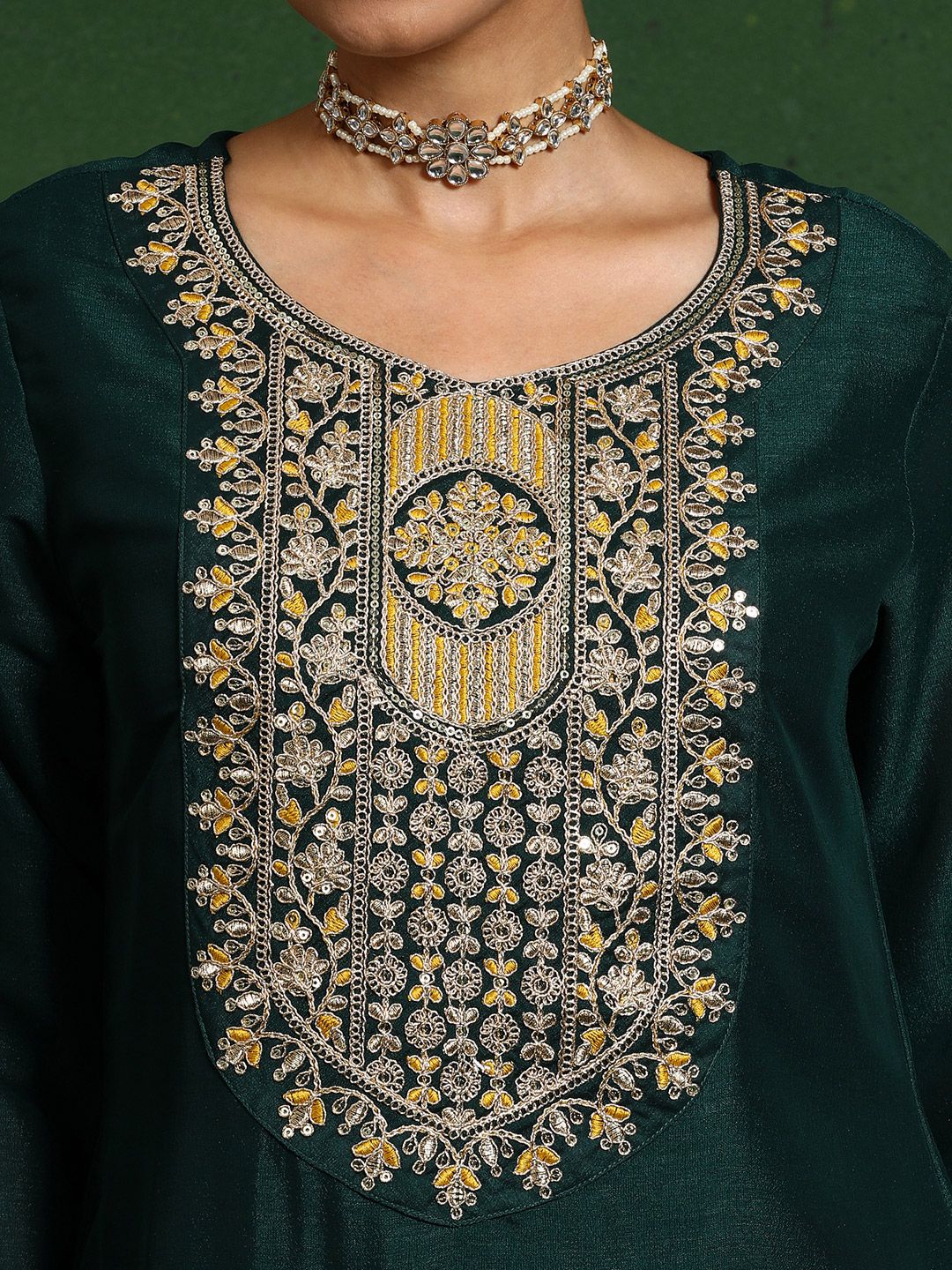 Dhiyona VA Women'sFloral Embroidered Cotton Silk Zari Work Straight Kurta With Trousers & Dupatta