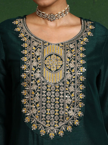 Dhiyona VA Women'sFloral Embroidered Cotton Silk Zari Work Straight Kurta With Trousers & Dupatta