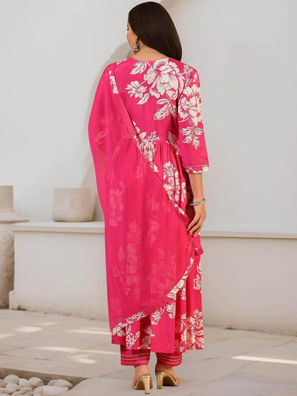 Dhiyona IS Women's Floral Printed Pure Cotton A-Line Kurta With Trousers & Dupatta