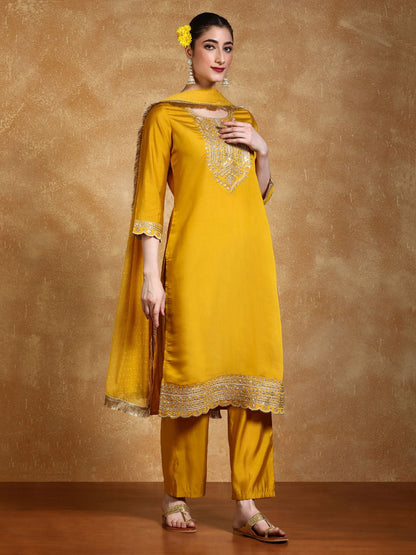 Dhiyona VA Women'sFloral Yoke Design Round Neck Straight Kurta With Trousers & Dupatta
