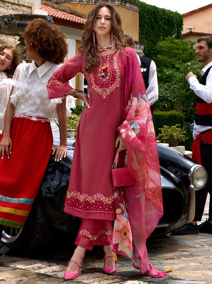 Dhiyona IE Floral Embroidered Kurta With Trousers & Dupatta