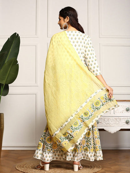 Dhiyona IS Women's Floral Printed Sequinned Pleated V-Neck Pure Cotton Kurta With Sharara & Dupatta