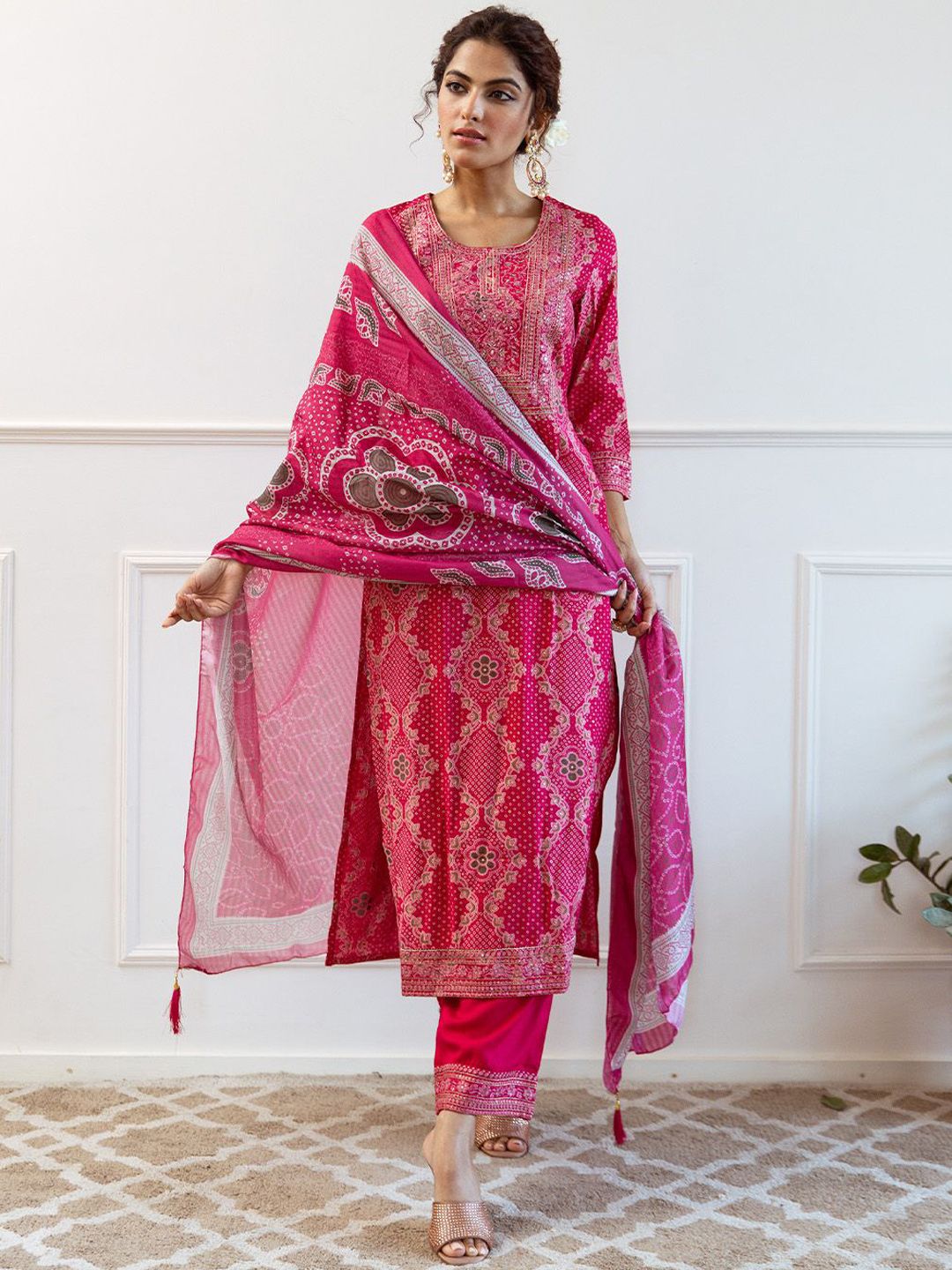 Dhiyona IS Women's Floral Embroidered Sequinned Kurta With Palazzos & Dupatta