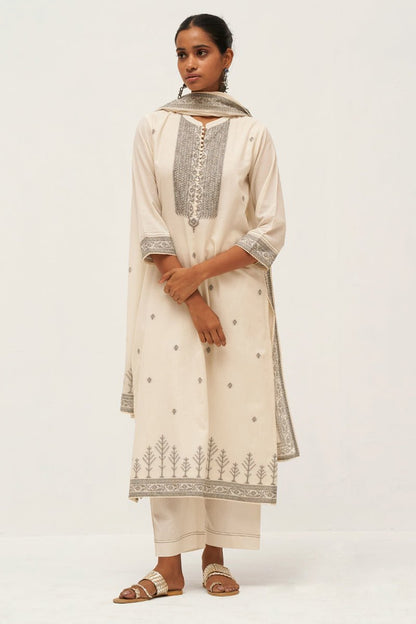 Women's Gardenia Cream Woven Cotton Salwar Suit With Hand Embellishment