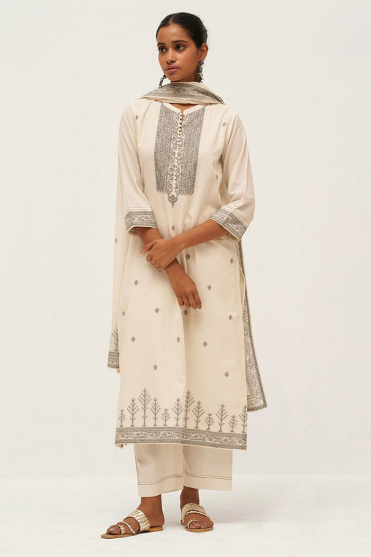 Women's Gardenia Cream Woven Cotton Salwar Suit With Hand Embellishment