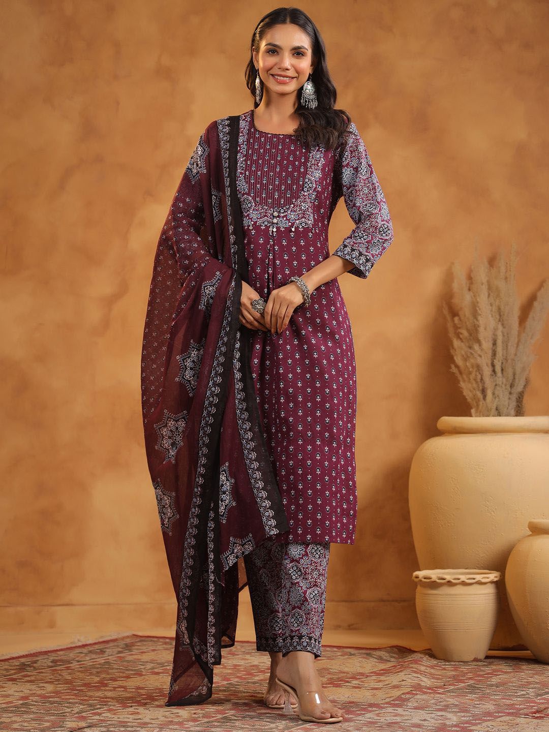 Floral Printed Pure Cotton Kurta With Trousers And Dupatta