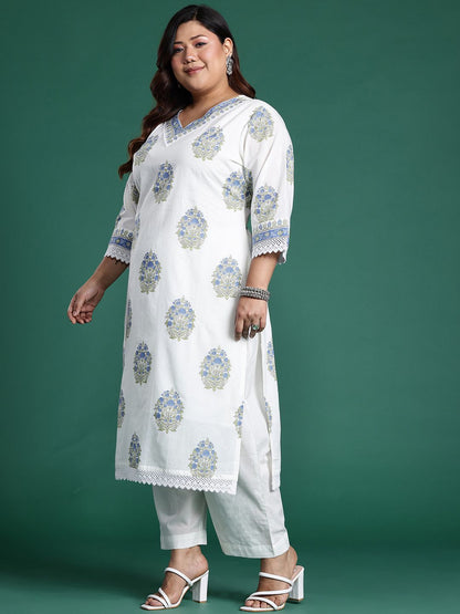 Dhiyona IE Plus Size Floral Printed Sequinned Pure Cotton Kurta with Trousers & With Dupatta