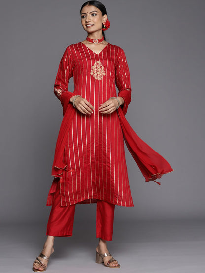 Dhiyona VA Women's Red Floral Embroidered Kurta with Trousers & With Dupatta