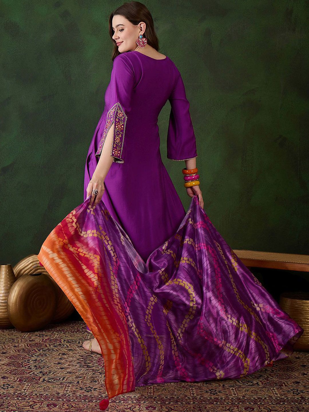 Dhiyona SN Women's Purple Floral Embroidered Mirror Work A-Line Kurta With Trouser And Dupatta