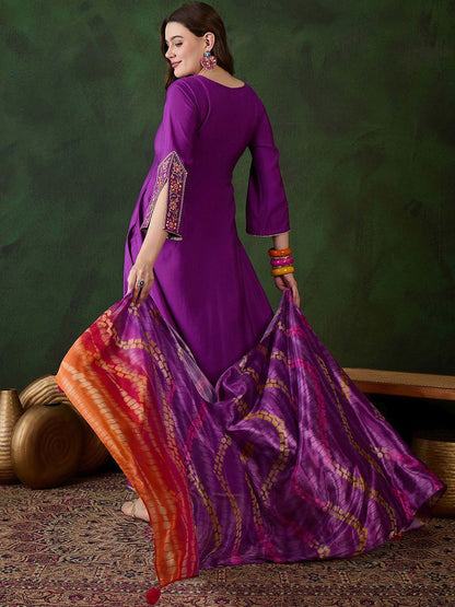 Dhiyona SN Women's Purple Floral Embroidered Mirror Work A-Line Kurta With Trouser And Dupatta