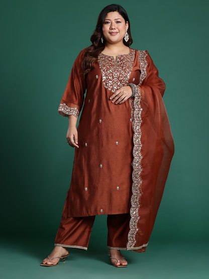 Plus Size Floral Embroidered Sequinned Liva Kurta with Trousers & With Dupatta