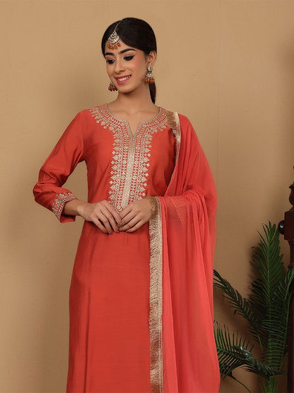 Dhiyona VA Women'sRust Floral Embroidered Regular Sequinned Straight Kurta With Trouser With Dupatta