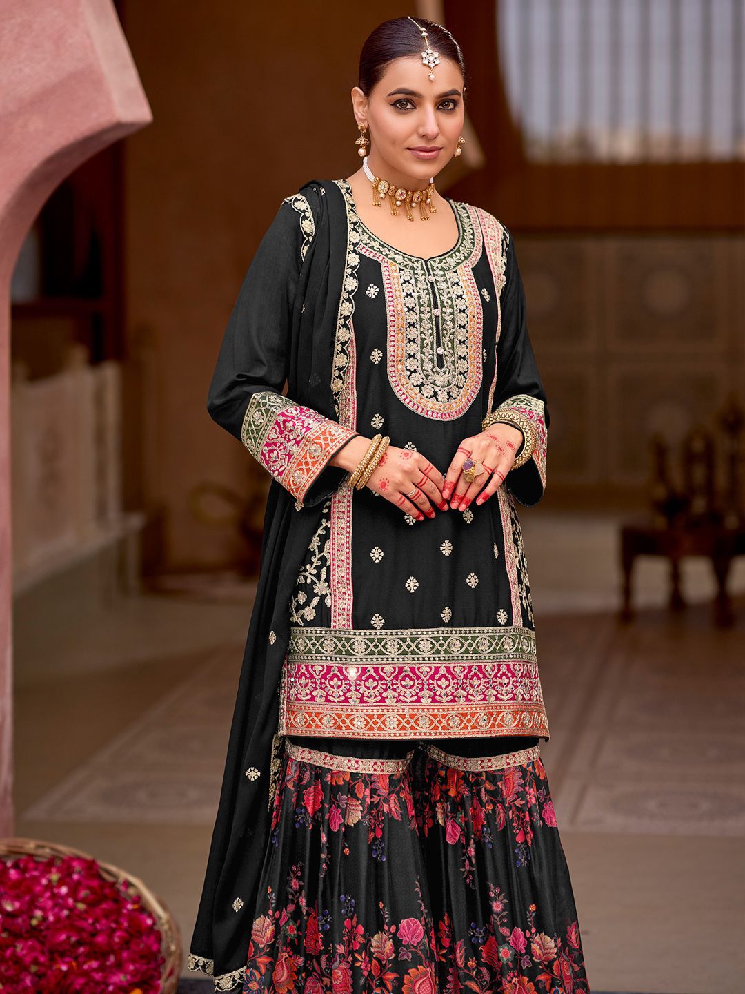 Dhiyona IE Floral Embroidered Sequinned Straight Kurta With Sharara & Dupatta