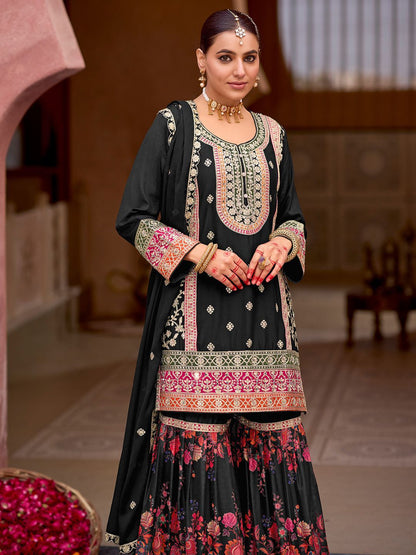 Dhiyona IE Floral Embroidered Sequinned Straight Kurta With Sharara & Dupatta