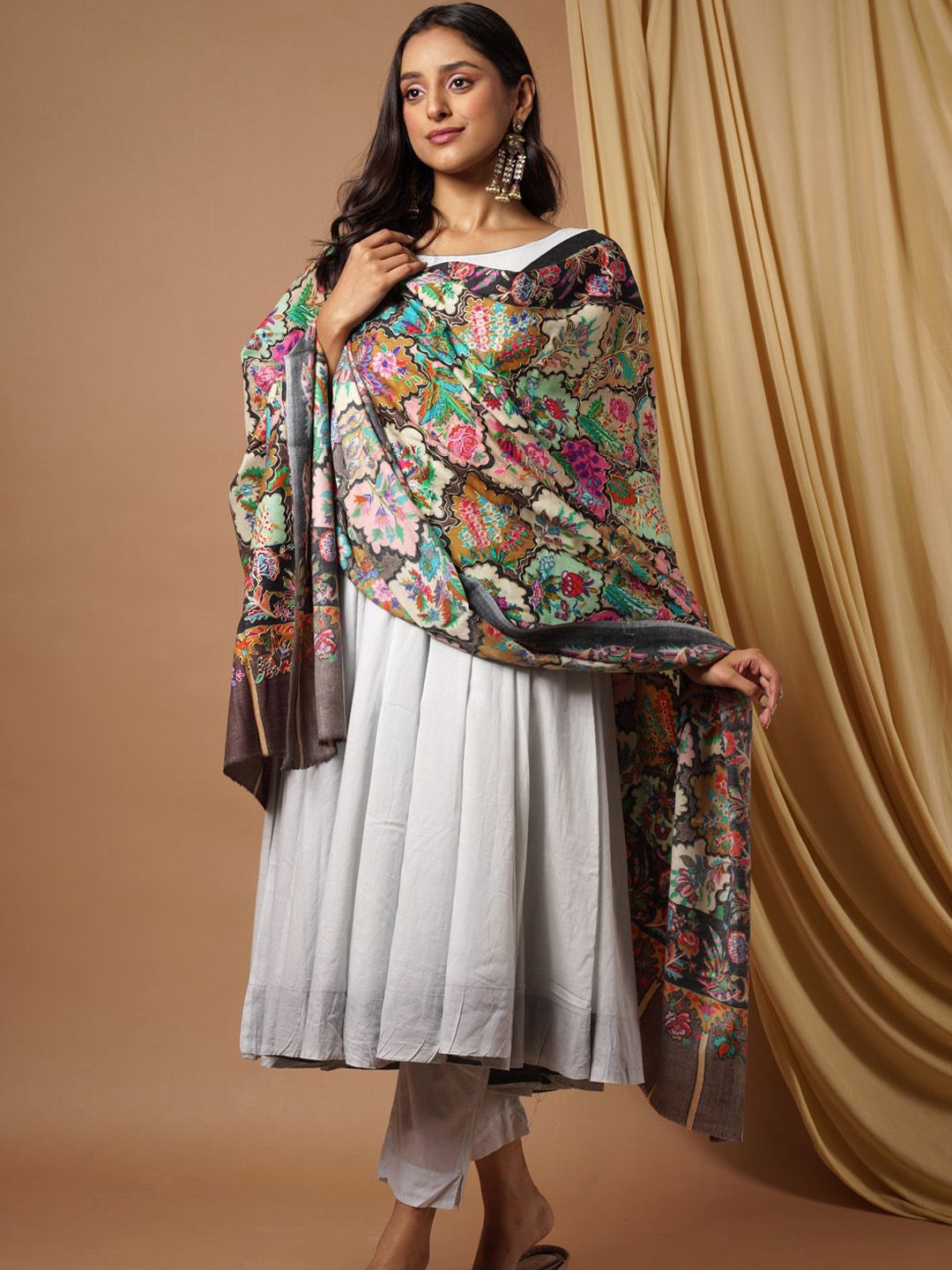 Dhiyona PA Women Multicolor Embroidered Pure Wool Shawl