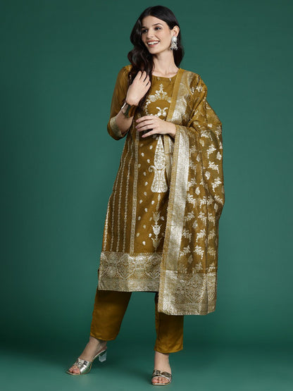 Dhiyona IE Women Ethnic Motifs Woven Design Kurta with Trousers & With Dupatta