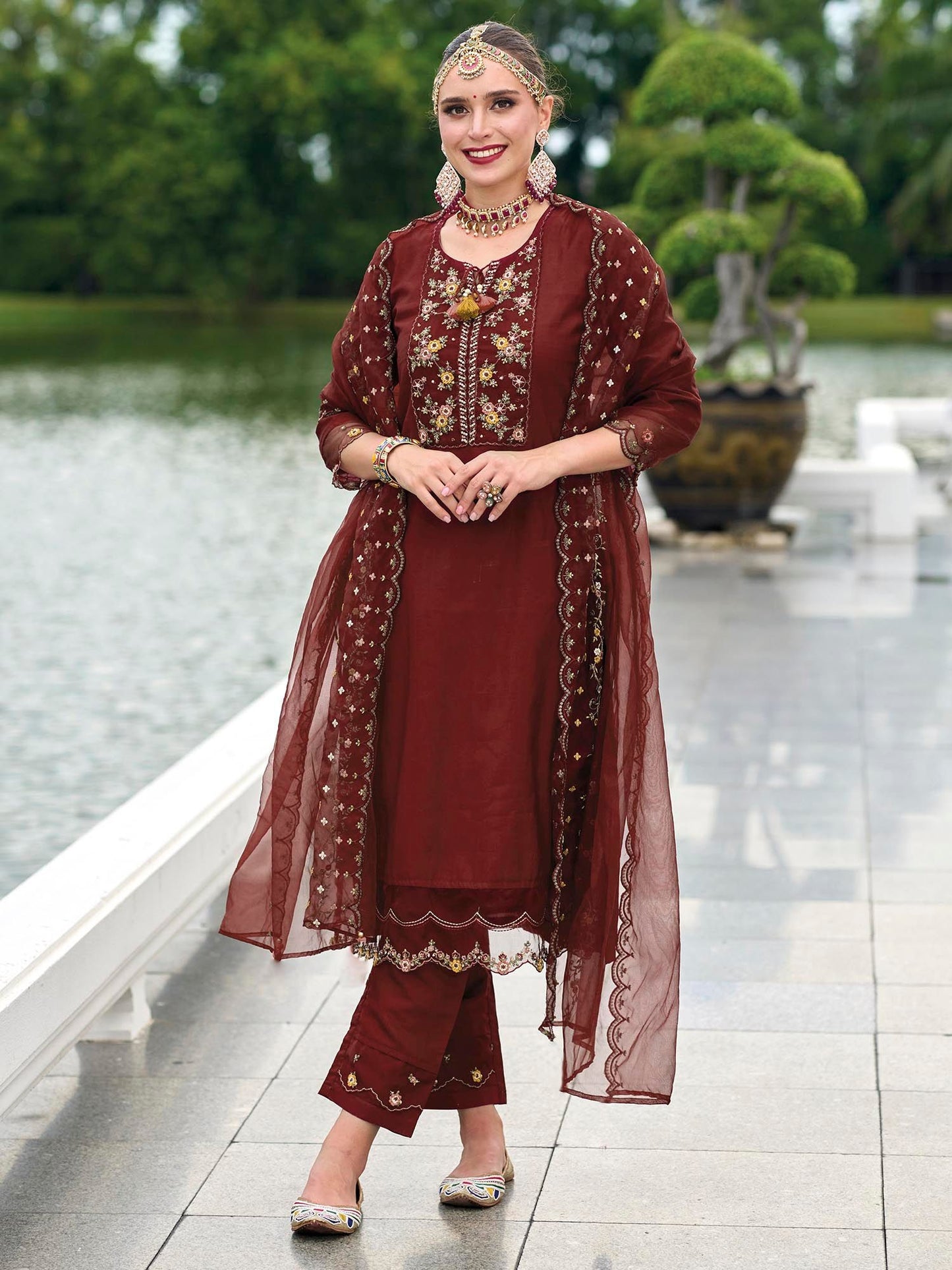 Maroon Floral Yoke Design Thread Work Straight Kurta & Trousers With Dupatta
