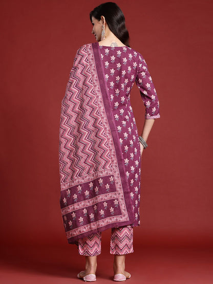 Dhiyona IE Floral Printed Pure Cotton Kurta With Trousers & Dupatta