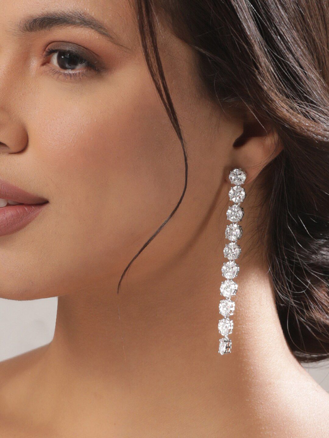Dhiyona RJ Women's Rhodium Plated in Silver Toned Zirconia Studded Contemporary Long Drop Earrings