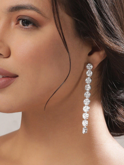 Dhiyona RJ Women's Rhodium Plated in Silver Toned Zirconia Studded Contemporary Long Drop Earrings