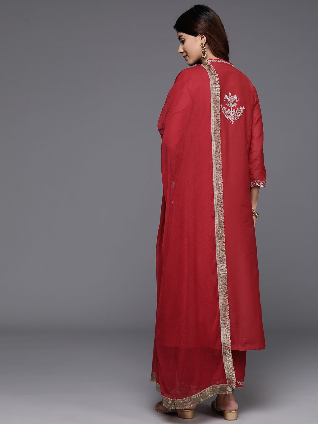 Dhiyona VA Women'sEmbroidered Mandarin Collar Straight Kurta & Trousers With Dupatta