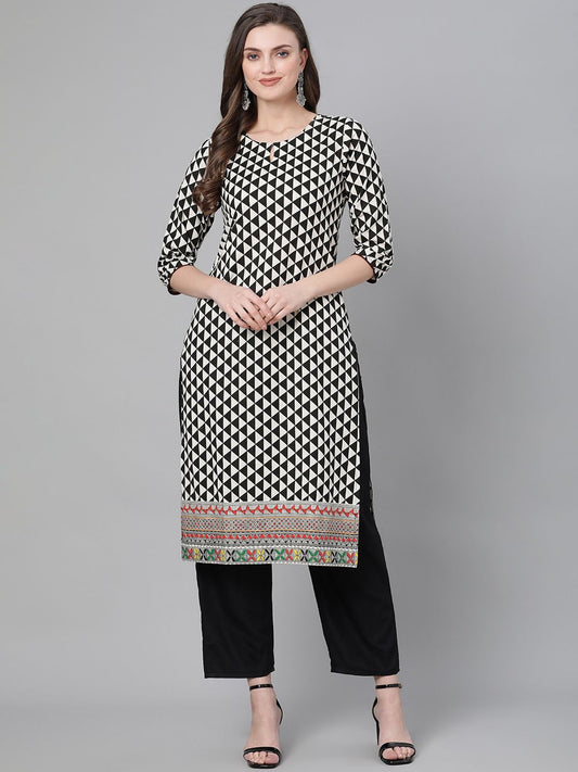 Dhiyona IE Women Black & White Geometric Printed Straight Kurta