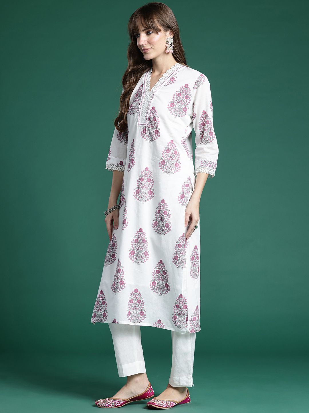 Floral Printed Regular Pure Cotton Kurta with Trousers & Dupatta