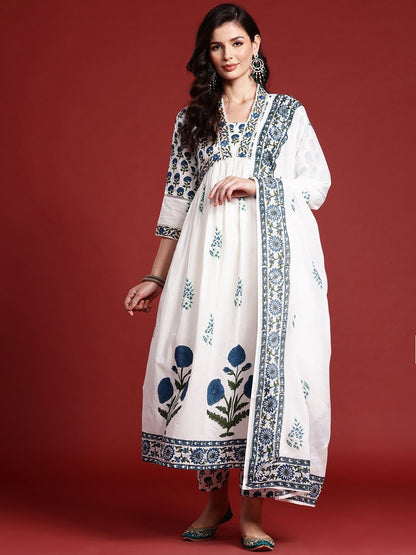 Dhiyona IE Floral Printed Empire Mirror Work Pure Cotton Kurta With Trousers & Dupatta