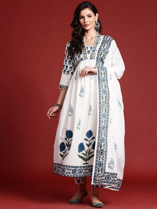 Dhiyona IE Floral Printed Empire Mirror Work Pure Cotton Kurta With Trousers & Dupatta