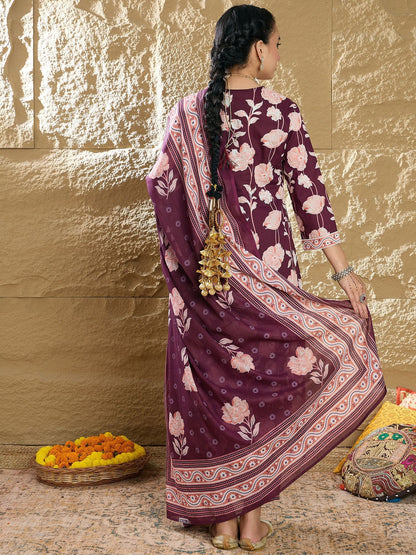 Floral Printed Pure Cotton V-Neck Straight Kurta With Trousers And Dupatta