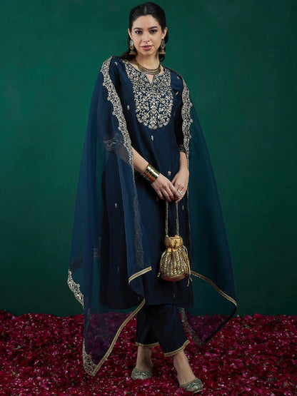 Dhiyona IE Floral Embroidered Regular Thread Work Liva Kurta With Trousers & Dupatta